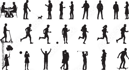 Dynamic vector silhouettes depicting diverse people in everyday life, showcasing various activities, poses, and social interactions, ideal for design and illustrative projects