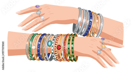 Elegant hands showcase a luxurious display of shimmering silver and gold bracelets encrusted with sparkling diamonds and colorful precious gemstones.