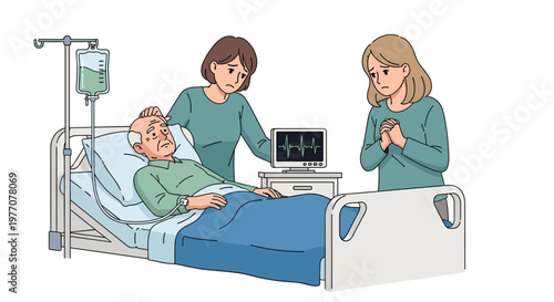 Two concerned women provide emotional support to an elderly man resting in a hospital bed while a medical monitor tracks his vital signs continuously.