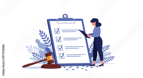 A professional woman meticulously reviews a massive legal checklist on a blue clipboard while a polished wooden gavel rests nearby against a floral backdrop.