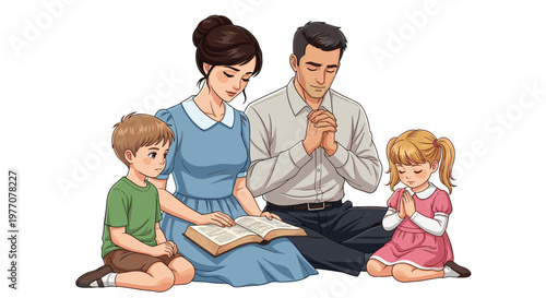 A devoted family of four sits on the floor together while the mother reads a holy bible and the father and daughter engage in silent prayerful worship.