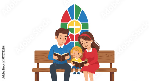 A cheerful young family sits together on a rustic wooden bench while reading books in front of a vibrant multicolored arched stained glass church window.