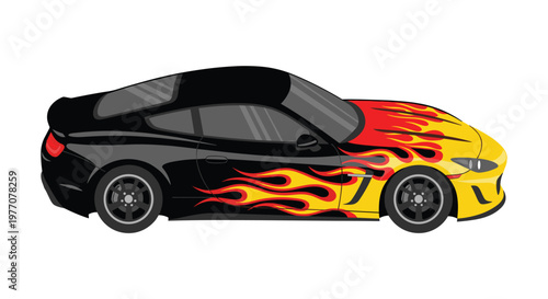 A high performance black sports car displays vibrant yellow and red flame graphics across its sleek body while parked against a clean white background.