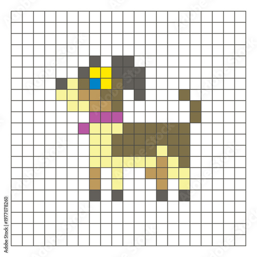 A flat pixel design made of geometric square color blocks on a clean grid layout. Pixel art dog