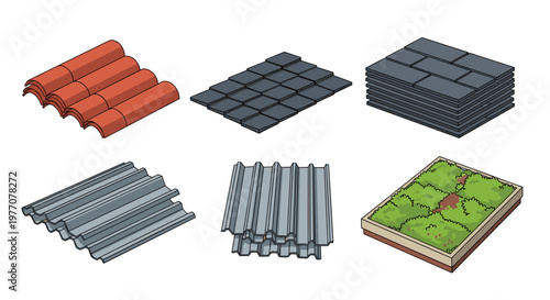 Six distinct isometric samples of modern roofing materials including red clay tiles and green vegetation are displayed neatly on a plain white background.