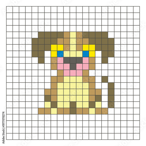 A flat pixel design made of geometric square color blocks on a clean grid layout. Pixel art dog