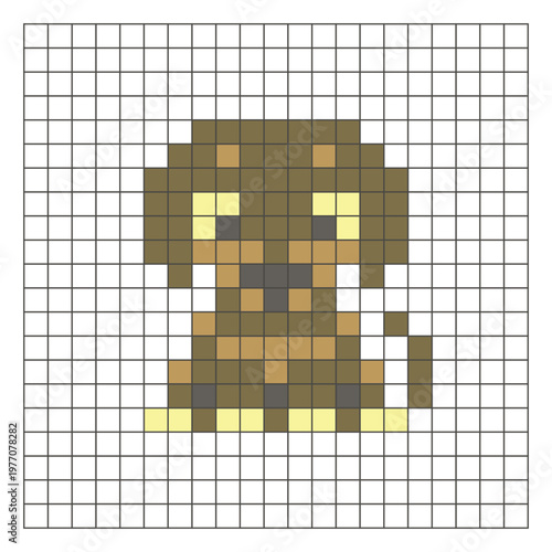 A flat pixel design made of geometric square color blocks on a clean grid layout. Pixel art dog