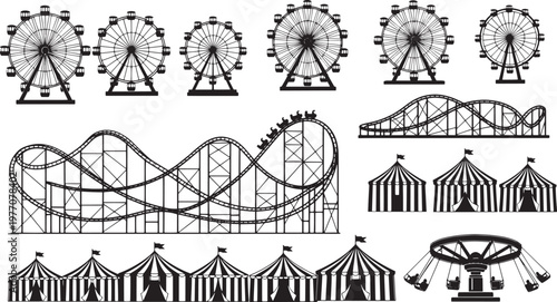 Collection of classic amusement park attractions and fairground rides, featuring iconic roller coasters, Ferris wheels, and circus tents in a silhouette vector illustration style