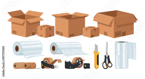 Multiple open and sealed brown cardboard boxes are displayed alongside a comprehensive set of packing tools including tape dispensers and plastic films.