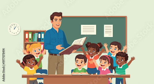 A cheerful male teacher wearing a professional blue shirt stands before a green chalkboard while reading an engaging storybook to a group of children.
