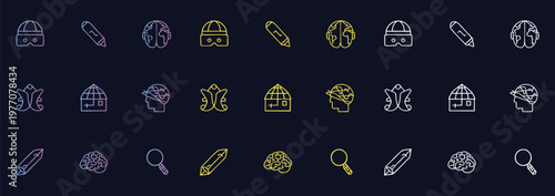 Set of black and white construction, travel, office, social media, web and mobile, geometric shapes icons on black background