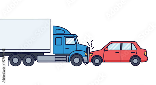 A heavy blue semi-truck impacts the rear of a compact red sedan on a plain white background illustrating a common highway traffic collision scenario.