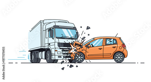 A massive white semi-truck collides violently with the side of a vibrant orange hatchback causing shattered glass and debris to scatter across the scene.