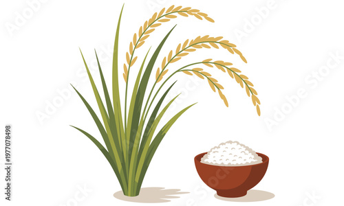 Golden rice stalk next to a ceramic bowl filled with white rice grains for healthy food and agriculture design