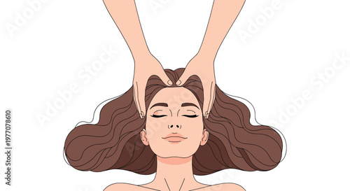 A tranquil young woman with wavy chestnut hair experiences a soothing professional head massage delivered by gentle hands against a minimalist white backdrop.