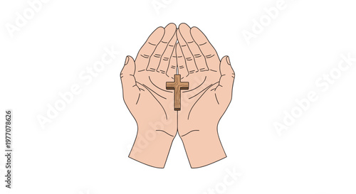 A pair of cupped human hands gently holds a small rustic wooden cross featuring detailed grain patterns against a stark and bright white empty background.