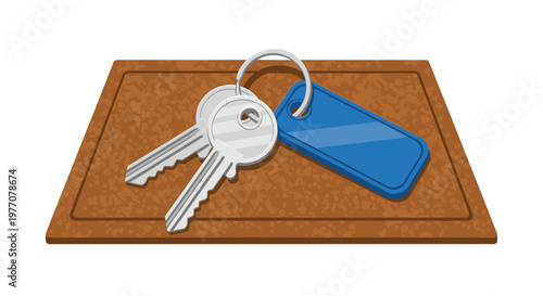 Two metallic silver house keys and a vibrant blue identification tag lie flat on a textured brown cork mat against a minimalist and clean white background.