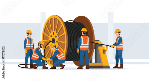 Professional utility workers in bright orange safety vests and helmets carefully unspool a massive black electrical cable from a large wooden reel against a clean grey backdrop.