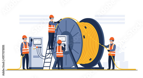 Skilled industrial technicians in safety gear operate a large blue mechanical spool winding vibrant yellow electrical wiring near a complex grey control panel.