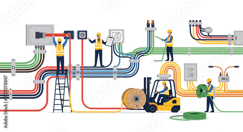 Diverse industrial workers manage a complex network of vibrant colorful electrical conduits while a yellow forklift transports heavy cable spools in a bright facility.