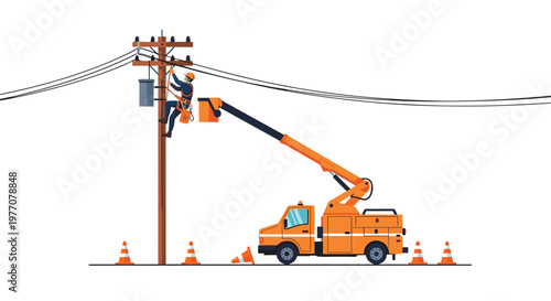 A dedicated utility lineman utilizes an orange hydraulic bucket truck boom to perform essential maintenance on a transformer atop a tall wooden power pole.