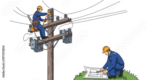 A skilled electrical technician climbs a wooden utility pole while his colleague reviews a large technical blueprint on the green grass under a clear white sky.