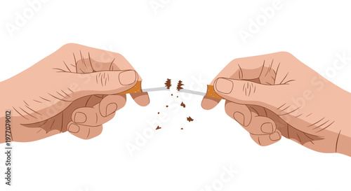 Detailed human hands forcefully break a cigarette into two pieces while loose brown tobacco flakes fall through the air against a white backdrop now.
