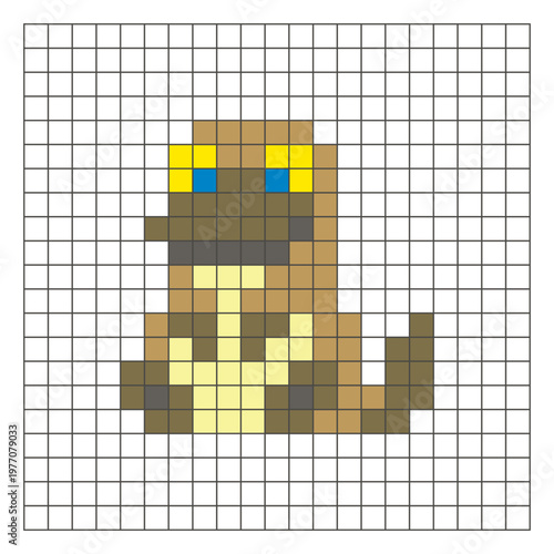 A flat pixel design made of geometric square color blocks on a clean grid layout. Pixel art platypus
