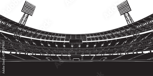 Vector illustration of a modern sports stadium at night. Bright floodlights illuminate the empty arena, poised for thrilling events and competitions, a grand venue for athletic action