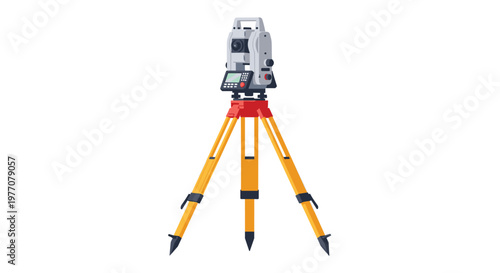 A professional grey electronic total station sits securely atop a sturdy yellow and red tripod against a clean white background for precise land surveying.