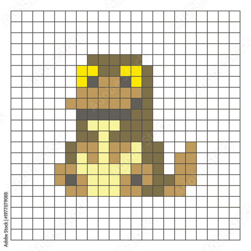 A flat pixel design made of geometric square color blocks on a clean grid layout. Pixel art platypus