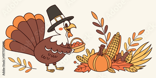 Cartoon Thanksgiving Turkey Pilgrim Harvest Fall Holiday Character Vector Illustration Isolated Set
