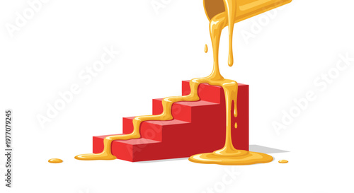 Vibrant yellow liquid pours from a metallic tube onto a set of bold red stairs creating a thick pool of golden substance on a pristine white surface.
