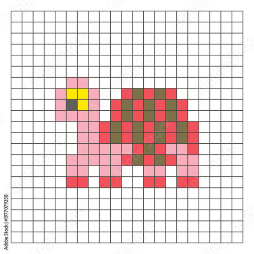 A flat pixel design made of geometric square color blocks on a clean grid layout. Pixel art tortoise