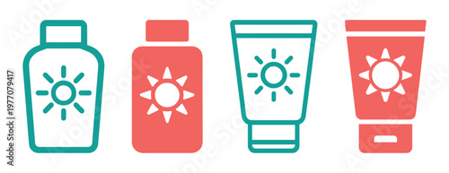 Colorful sunscreen bottle icons vector set