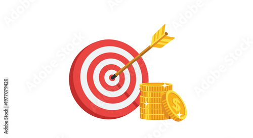 A vibrant red and white archery target with a meticulous gold-tipped arrow hitting the center bullseye sits beside a stack of shining gold dollar coins.