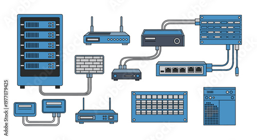 A comprehensive collection of blue and grey networking hardware icons including servers routers switches and connecting cables is displayed on a white background.