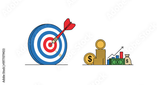 A bold blue and white target with a red dart in the bullseye stands next to a detailed financial chart with gold coins and a full money bag.