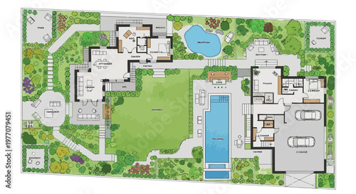 Luxury Estate Architectural Plan: Modern Home, Pool, Garden, and Garage Layout