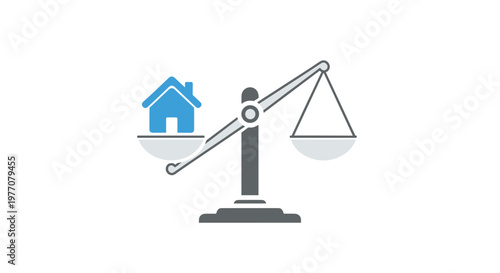 A sleek grey balance scale features a vibrant blue house icon on the left tray while the right tray remains empty against a pristine white backdrop.