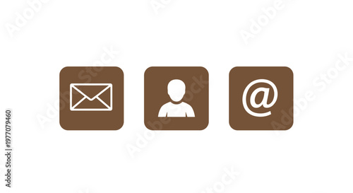 Three sophisticated brown square icons featuring a white envelope a person silhouette and an at-sign symbol are arranged horizontally on a white surface.