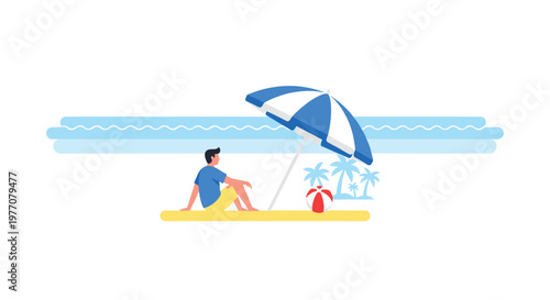 A relaxed man sits peacefully on a golden sandy beach under the shade of a large blue and white striped umbrella beside a colorful beach ball.