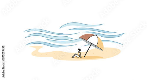 A delicate hand-drawn illustration depicts a solitary figure resting on a pale sandy shore beneath a multi-colored umbrella against a backdrop of stylized waves.