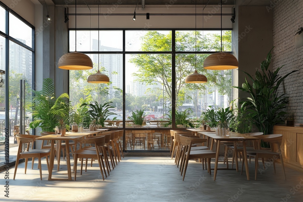 Fototapeta premium Modern cafe interior with wooden furniture and pendant lights, featuring large windows offering city views and a contemporary dining space. 3D Rendering, Generative AI