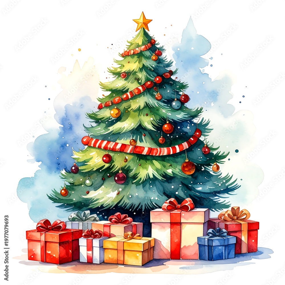 Fototapeta premium Watercolor Christmas tree with gifts underneath, whimsical and colorful