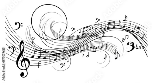 Abstract Musical Notes Swirls - Elegant Black and White Music Score Design
