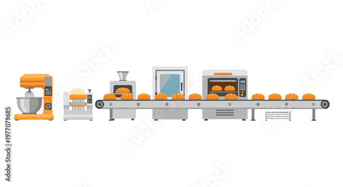 An automated industrial bakery production line features a large orange mixer and a long conveyor belt transporting freshly baked golden loaves through various processing stages.