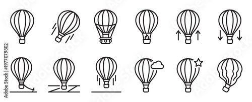 Collection of black outline hot air balloon icons depicting various flight states and actions, presented in a clean, minimalist style