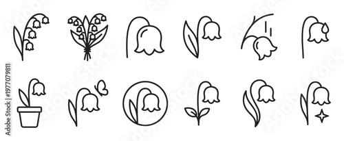 Collection of simple black outline lily of the valley flower icons in various styles, depicting spring and nature