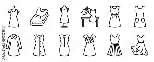 Various black outline dress icons are arranged in rows, showcasing different styles and fashion concepts with a clean, minimalist design